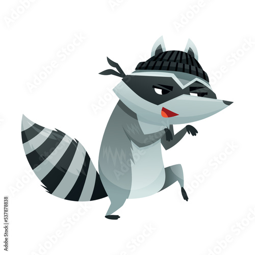 Raccoon Burglar with Striped Tail Wearing Mask Tiptoeing and Stealing Vector Illustration