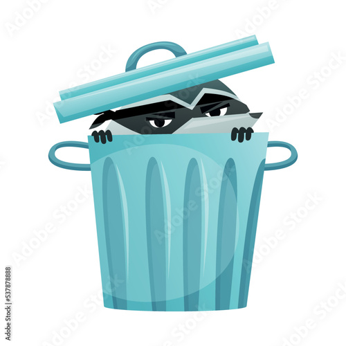 Raccoon Burglar Wearing Mask Hiding in Dustbin Peeping Out Vector Illustration
