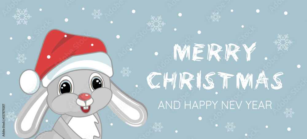 2023 year of rabbit. Cute christmas bunny in santa hat. Chinese New Year symbol. Festive greeting card