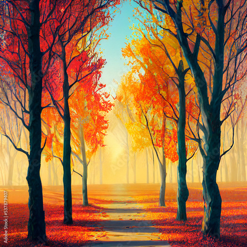 Autumn forest landscape background. Sky and nature with sun light. 3D image. Used neural network for drawing.