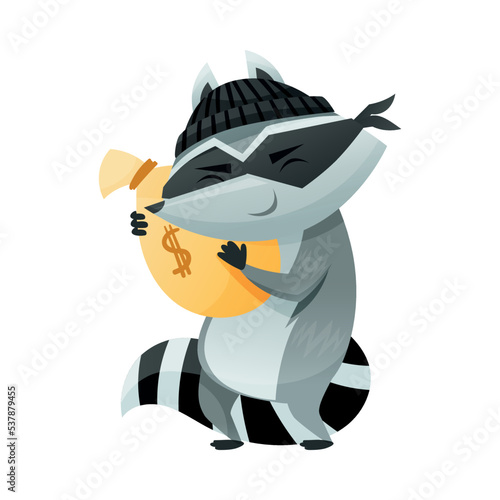 Raccoon Burglar with Striped Tail Wearing Mask Embracing Sack with Money Vector Illustration