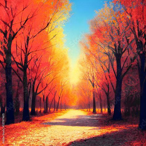 Autumn forest landscape background. Sky and nature with sun light. 3D image. Used neural network for drawing.