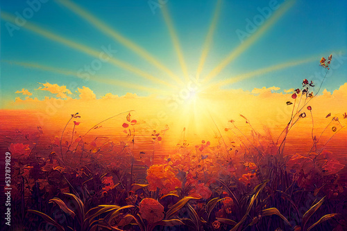 Summer art background. Illustration of beautiful sunset. 3D image. Used neural network for drawing.