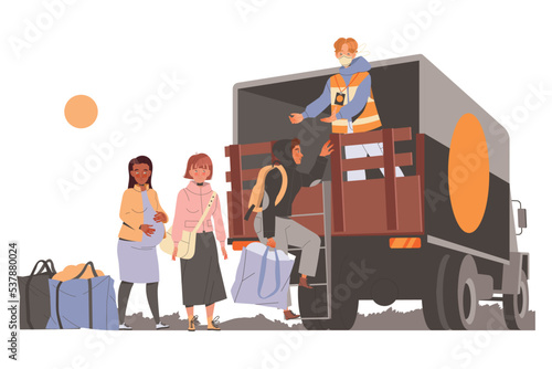 People Refugee with Luggage Climbing Truck for Leaving Homeland Fleeing from War Conflict Seeking Asylum Vector Illustration