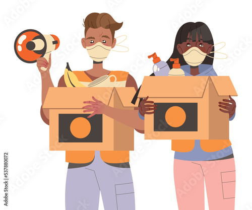 Young Man and Woman Volunteer in Face Mask Holding Cardboard Box with Humanitarian Aid for Refugee Vector Illustration