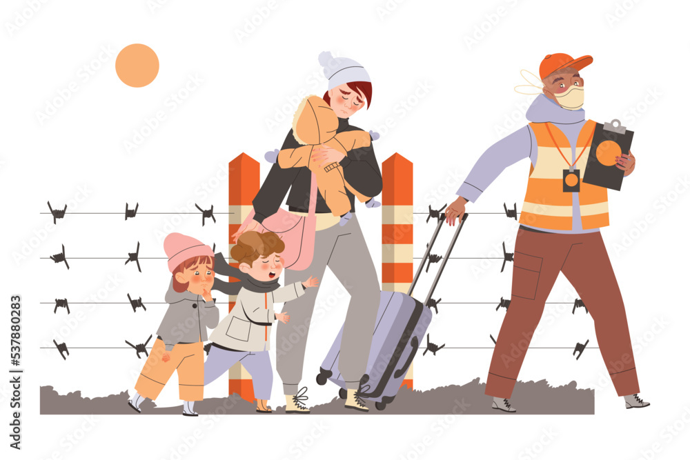 Obraz premium Woman Refugee with Little Children Seeking Asylum Following Volunteer in Vest Vector Illustration
