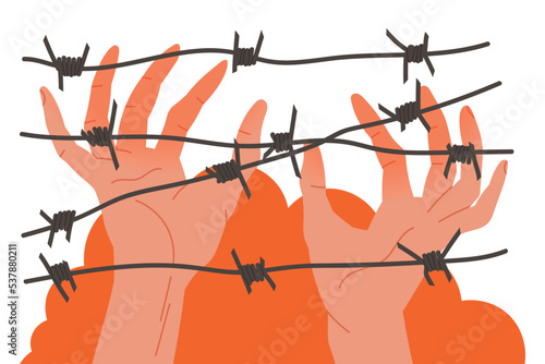 Human Hands Against Wire Entanglement as Refugee Suffering from War Conflict Seeking Asylum Vector Illustration