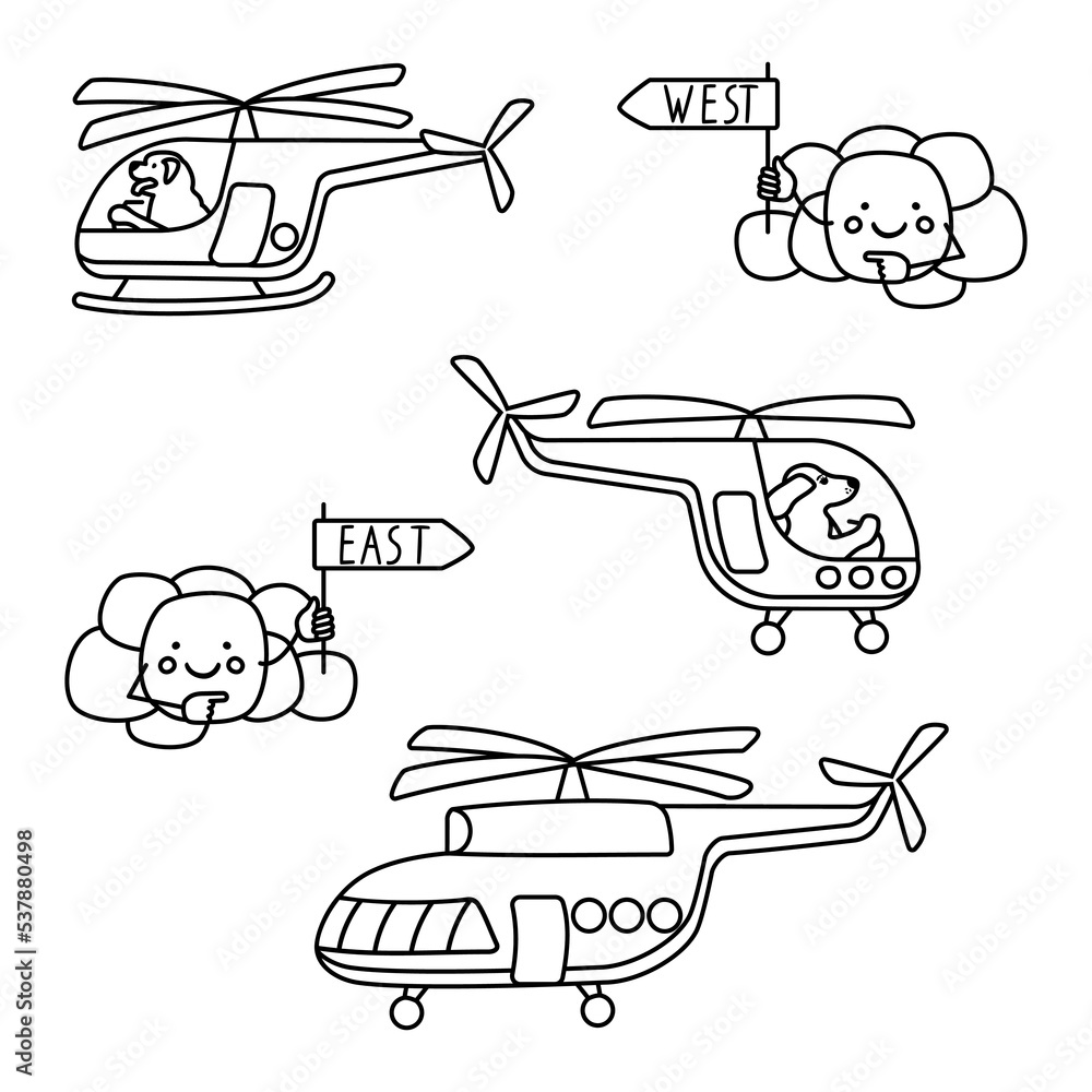 Helicopters,pilot dogs and clouds with pointers West,East in graphic style.Set of vector objects drawn by black color line and isolated on white background.Coloring page for children. Helicopters,pilot dogs and clouds with pointers West,East in graphic style.Set of vector objects drawn by black color line and isolated on white background.Coloring page for children.