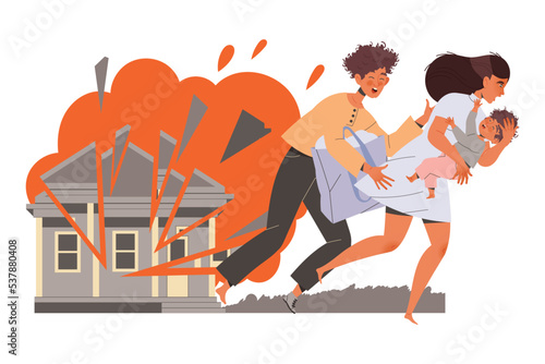 Young Family Refugee Leaving Homeland Fleeing from War Conflict Seeking Asylum Vector Illustration