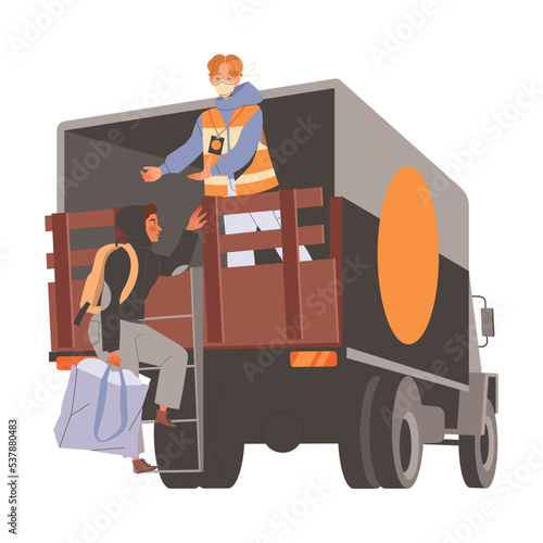 Man Refugee with Luggage Climbing Truck for Leaving Homeland Fleeing from War Conflict Seeking Asylum Vector Illustration