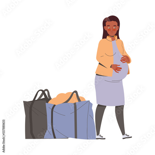Young Pregnant Woman Refugee Standing Near Luggage Leaving Homeland Fleeing from War Conflict Seeking Asylum Vector Illustration