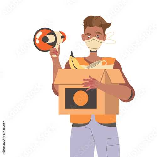 Young Man Volunteer in Face Mask Holding Cardboard Box with Humanitarian Aid for Refugee Vector Illustration