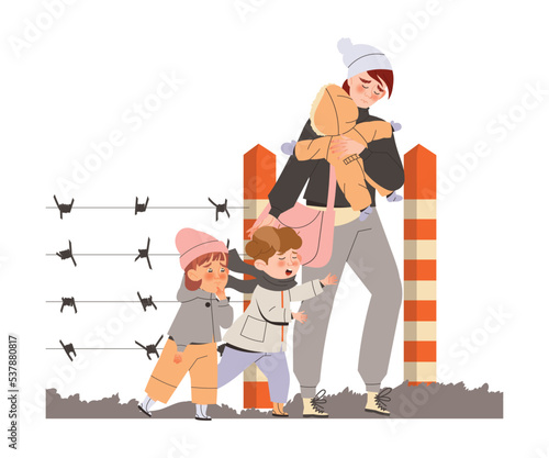 Young Woman Refugee with Crying Little Children Leaving Homeland Fleeing from War Conflict Seeking Asylum Vector Illustration