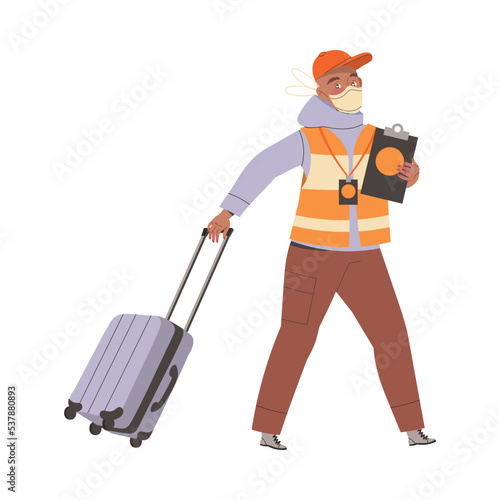 Young Man Volunteer in Face Mask and Vest Pulling Suitcase Holding Clip Board Vector Illustration