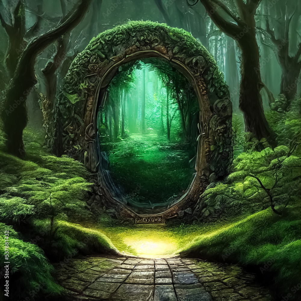 Fototapeta premium Magic teleport portal in mystic fairy tale forest. Gate to parallel fantasy world. 3D illustration.
