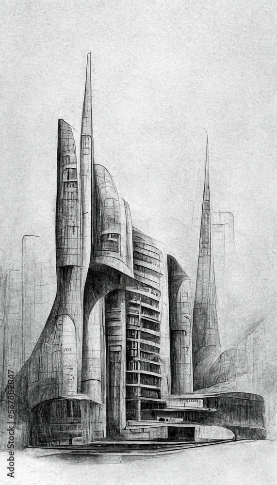 Futuristic surreal urban architecture pencil drawing style. Fantasy ...