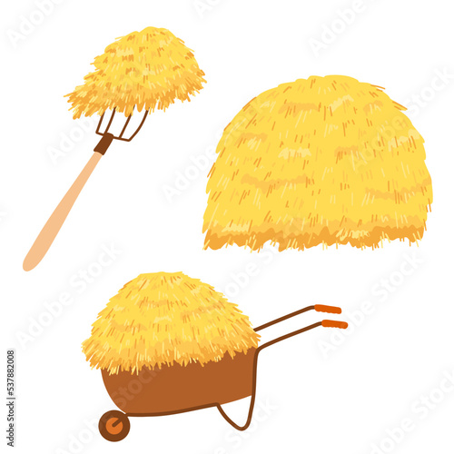 Agricultural haycock in cartoon flat style, rural hay rolled stack, dried farm haystack. Vector illustration of fodder straw