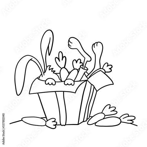 4 / 25 Cute bunny get stuck in present box. Gift, surprise. Christmas, New Year and Easter contour vector for banner, cards and product design. Collection of rabbits in cartoon style. Humour.
