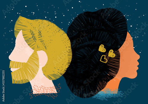 diversity people - straight couple - white face man and blonde hair - latin face woman and black hair - back to back