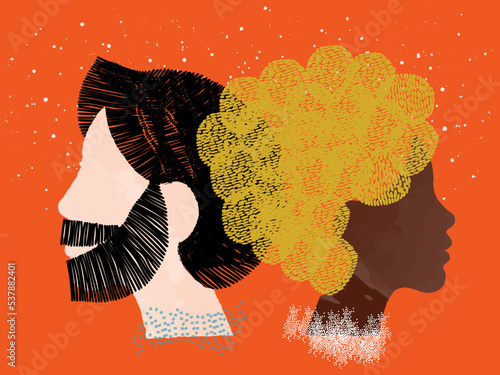 diversity people - straight couple - white face man and black hair - white face woman and blonde hair - back to back