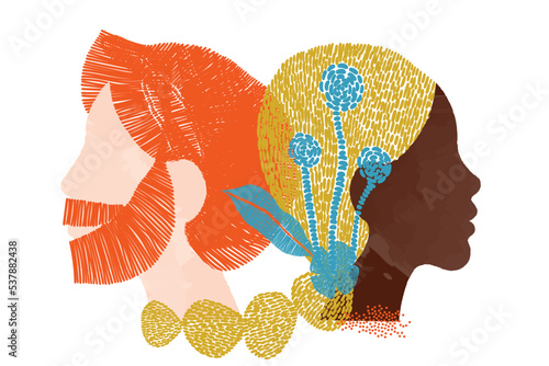 diversity people - straight interracial  couple - white face man and red hair - black face woman and yellow scarf in her hair - back to back