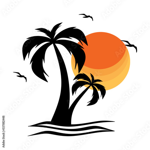 Palmera Vector. Palm tree illustration in minimalistic style. Summer Background With Palm Trees and Birds. Vector illustration