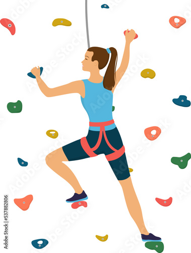 Woman climbs on a climbing wall in a climbing gym.Vector cartoon Illustration