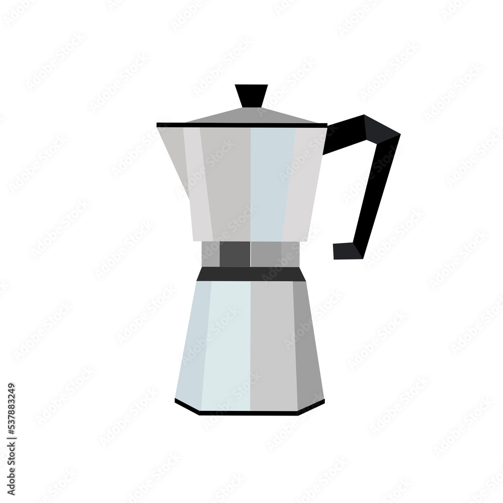 A minimalist illustration of a moka pot, also known as a stovetop espresso maker, with a silver metallic body and a black handle, commonly used for brewing strong coffee at home. A minimalist illustration of a moka pot, also known as a stovetop espresso maker, with a silver metallic body and a black handle, commonly used for brewing strong coffee at home.