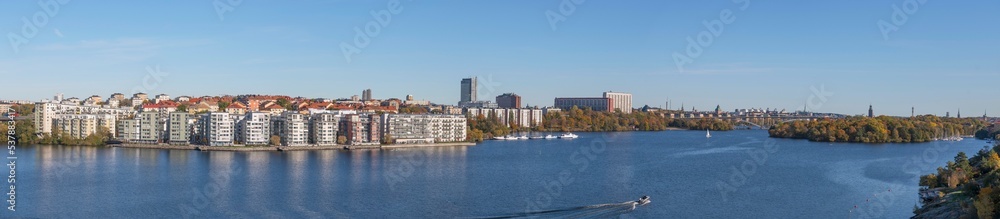 Panorama view, the Lux district, island Lilla Essingen, office and skyscrapers, bridge Västerbron the district Södermalm, the lake Mälaren. sunny a color full autumn day in Stockholm