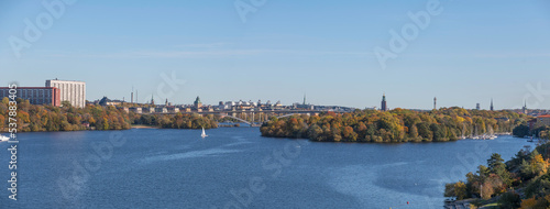 Panorama view over islands and waterfront districts a sunny a color full autumn day in Stockholm