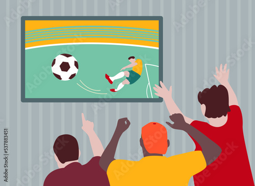 People fans watching soccer match on tv. Flat vector stock illustration with football players on TV.Vector illustration.
