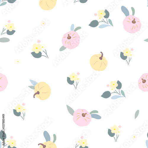 Pumpkins with flowers on a white background. Little colorful pumpkins. Seamless vector pattern.	