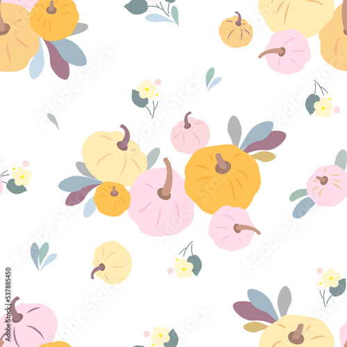 Orange pumpkins with flowers on a white background. Colorful pumpkins. Seamless vector pattern. 