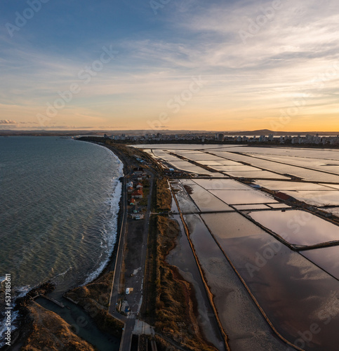 Aerial view ofof Burgas salt pans townscape at sunset.Saltworks industry.