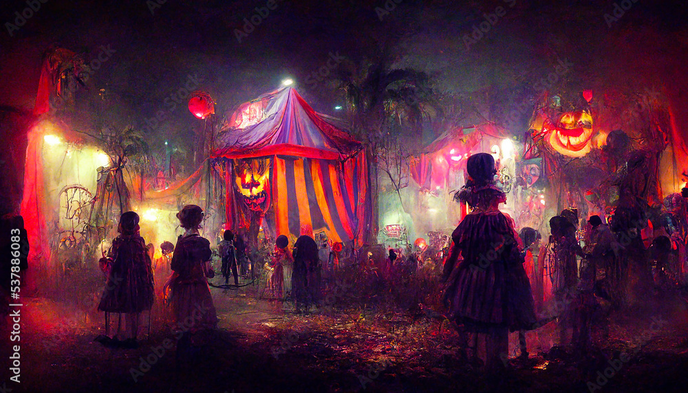 halloween haunted fun faire at night, created with generative ai