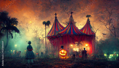 halloween haunted circus tent house, abstract digital illustration, created with generative ai