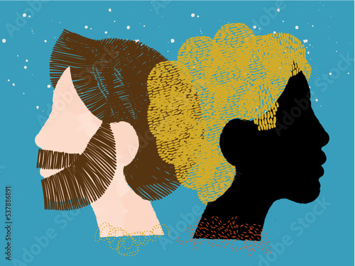diversity people - straight interracial  couple -  white face man and red hair - black face woman and yellow scarf in her hair - back to back