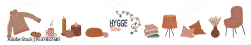 Hygge time collection vector illustration. Neutral scandinavian palette. Home decor and leasure time elements with text. Cute autumn banner. All objects are isolated