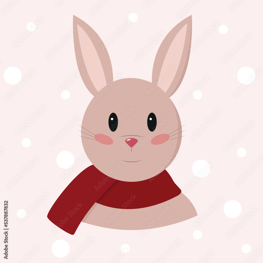 Cute rabbit in red scarf on beige background with snowflakes. Image for New year or Christmas card. Cartoon vector illustration. Cute rabbit in red scarf on beige background with snowflakes. Image for New year or Christmas card. Cartoon vector illustration.