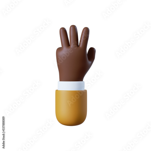 3d illustration. Three fingers social icon. African cartoon character hand gesture. Business clip art isolated on white background