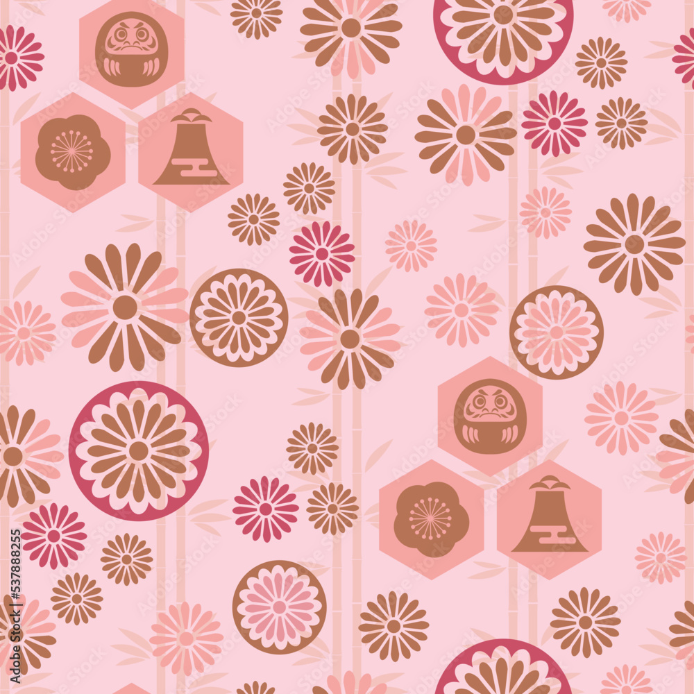 Beautiful japanese seamless pattern with clouds, waves, Daruma, plum, fan, sakura flower Vector template kimono asian texture. For printing on packaging, textiles, paper,fabric, manufacturing, wallpa Beautiful japanese seamless pattern with clouds, waves, Daruma, plum, fan, sakura flower Vector template kimono asian texture. For printing on packaging, textiles, paper,fabric, manufacturing, wallpa