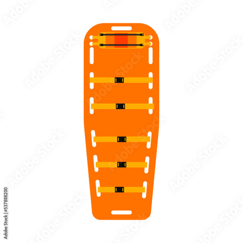 Illustration of a long spinal board with head immobilizer equipment.