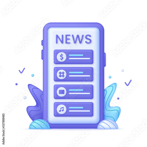 3D Smartphone with news app illustration. Online News, event information, company information and announcements. © Violet Sun