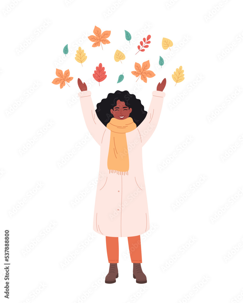 Black woman greeting autumn season. Happy woman playing with autumn foliage. Hello autumn. Hand drawn vector illustration Black woman greeting autumn season. Happy woman playing with autumn foliage. Hello autumn. Hand drawn vector illustration