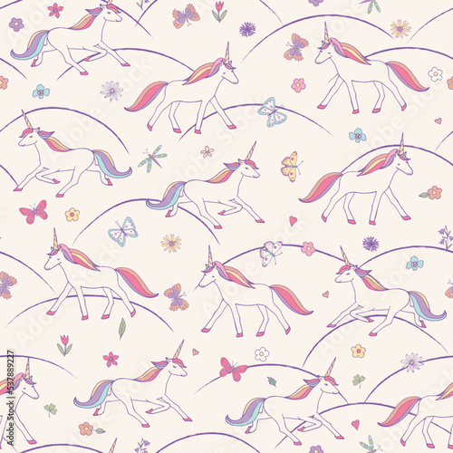 Unicorns animals vector seamless pattern.
