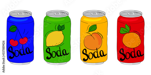 Cute Soda Cans Collection. Hand drawn adorable set of soft drinks in aluminum cans set. Modern colors soft drinks cans fancy illustrations. Trendy design of cans with lemon, cherry, peach and orange