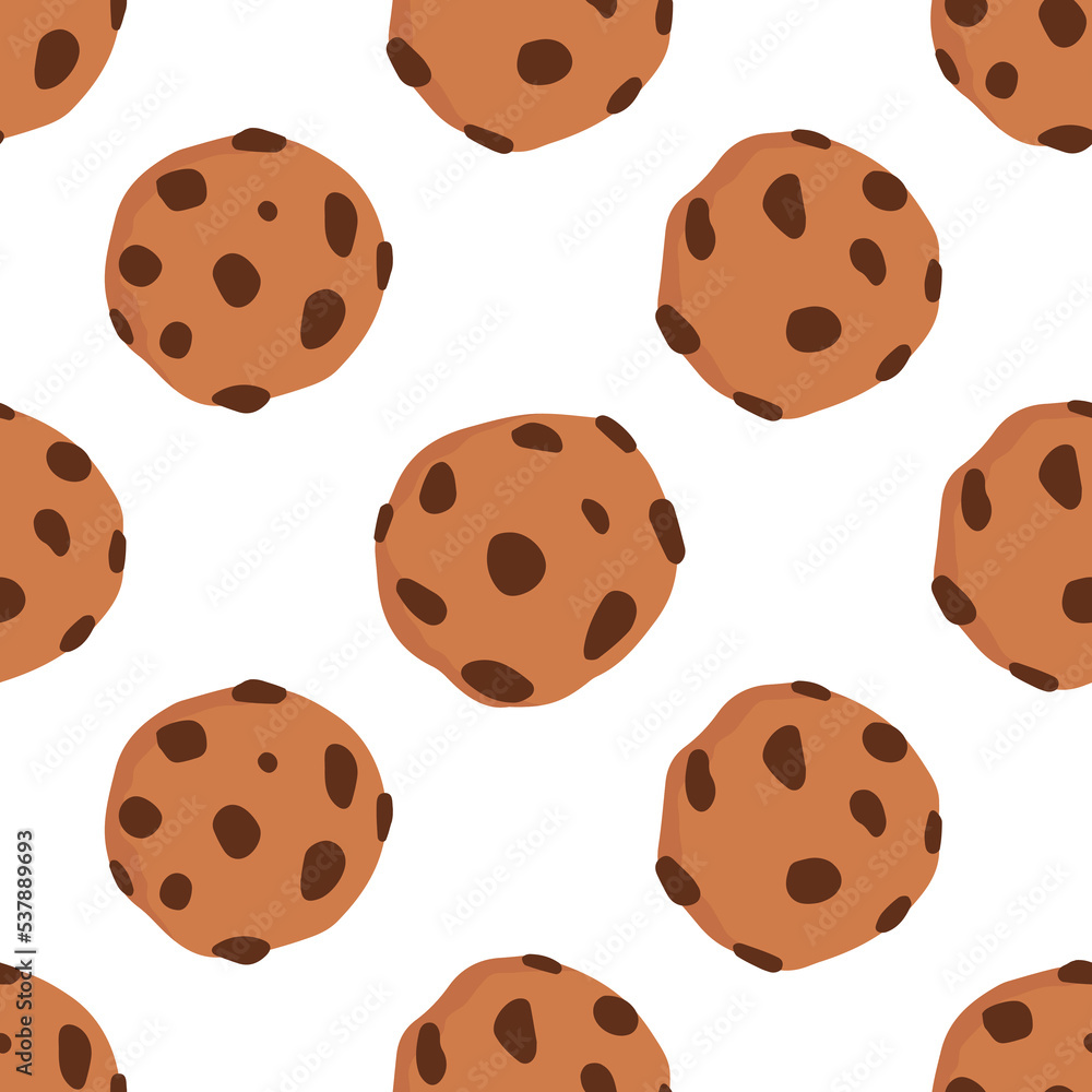 Flat vector seamless pattern of chocolate chip cookies. A sweet snack. Isolated design on a white background. Flat vector seamless pattern of chocolate chip cookies. A sweet snack. Isolated design on a white background.