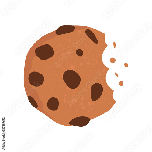 Flat vector illustration of a half-eaten cookie with chocolate chips. A sweet snack. Isolated design on a white background.