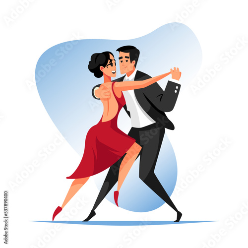 Vector colorful illustration couple dancing argentine tango on blue background