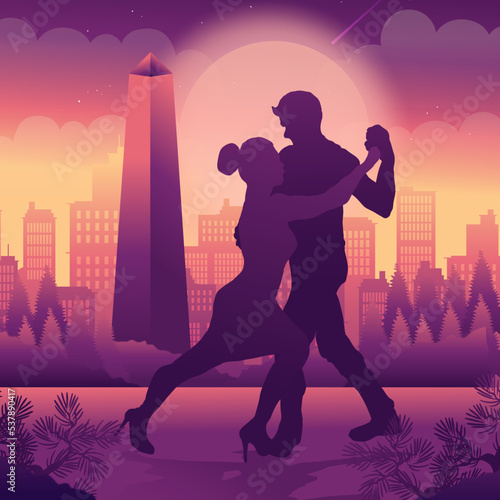Vector colorful illustration with silhouette of couple dancing argentine tango on Argentina background